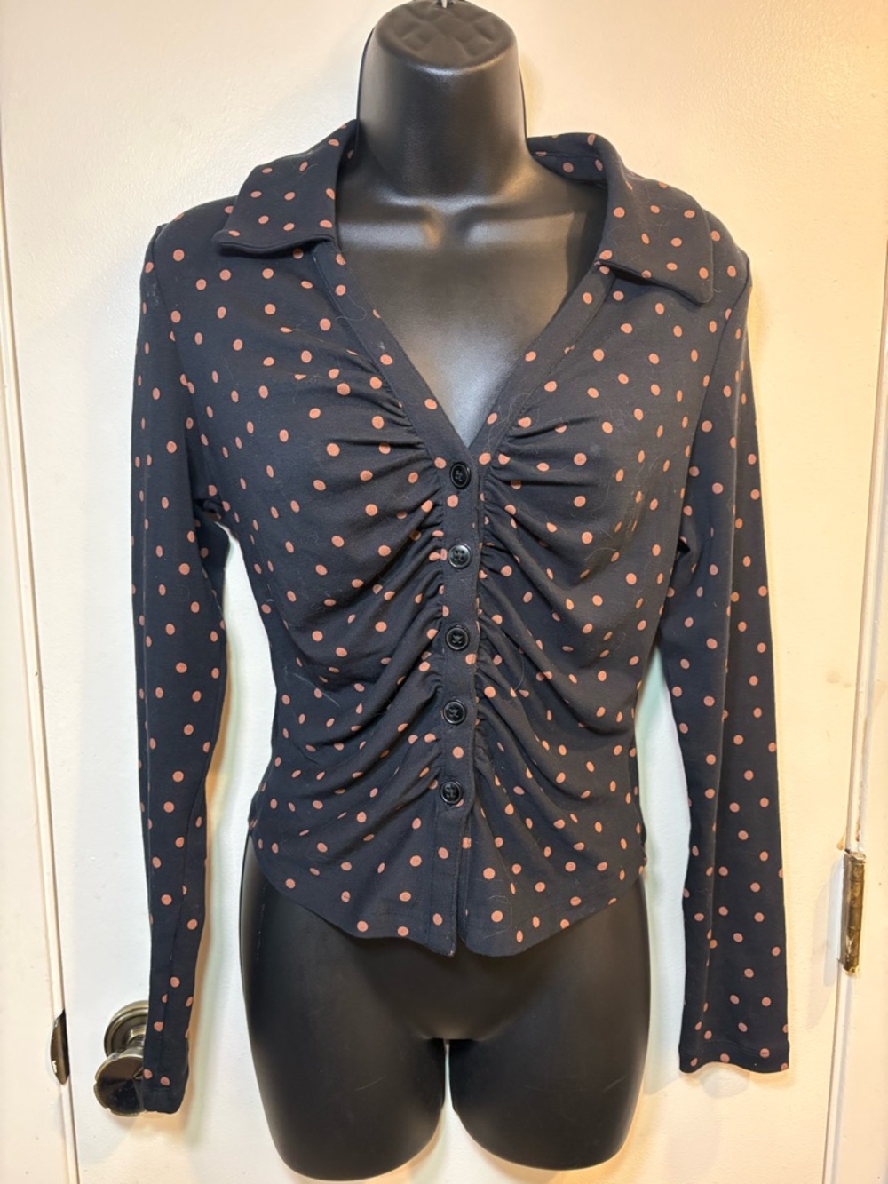 Maeve by Anthropologie Ruched Button-Down Collared Top Polka Dot Sz Small